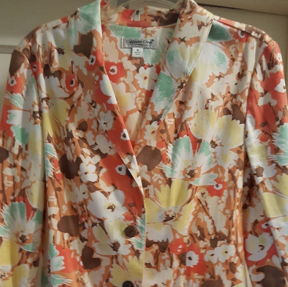 Water Creek jacket, multi colored print. Button up